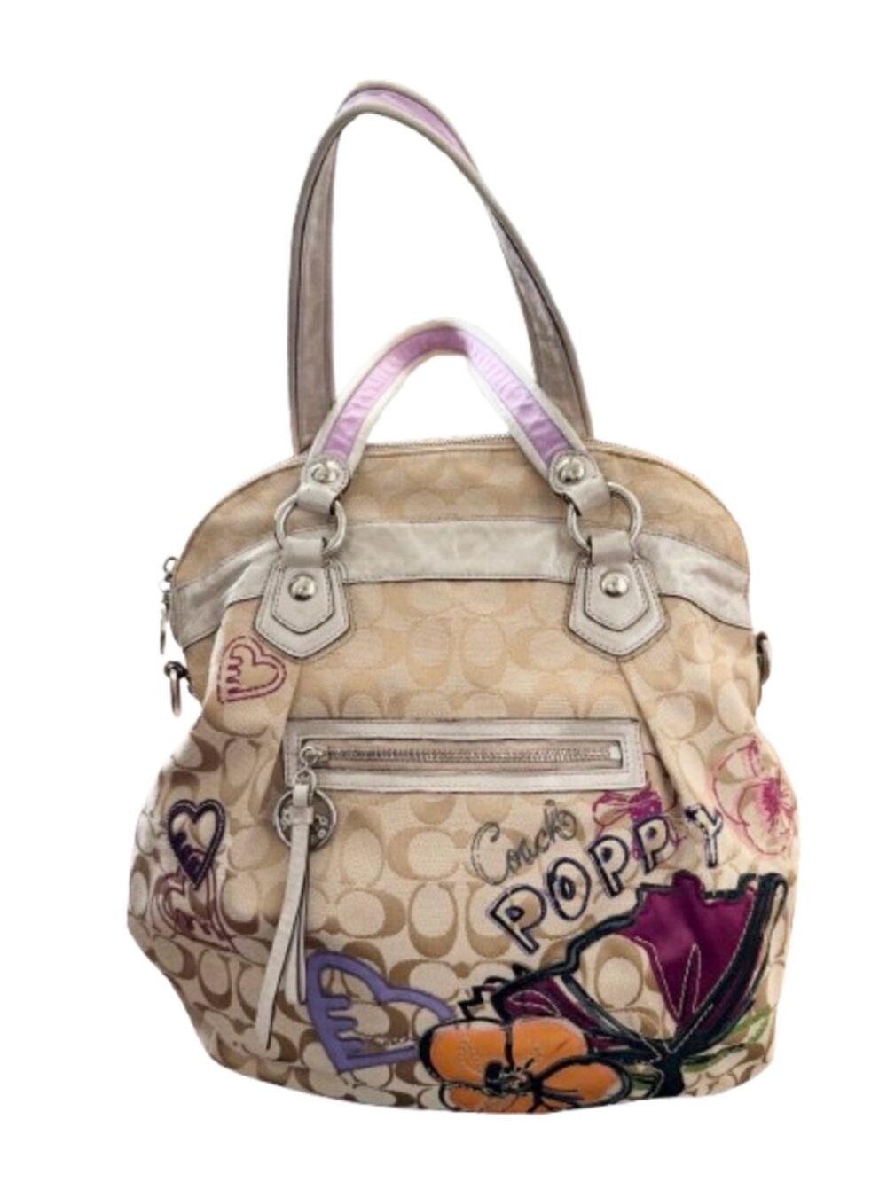 Coach Beige Signature Canvas Floral Poppy Satchel with Purple Accents